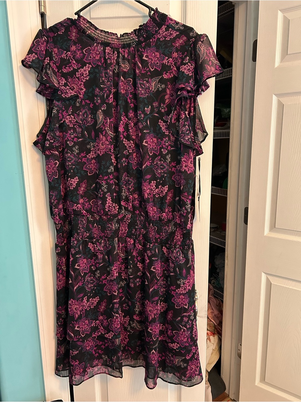 1. State Black Midi Dress with Pink Floral Print and Smocked Waist